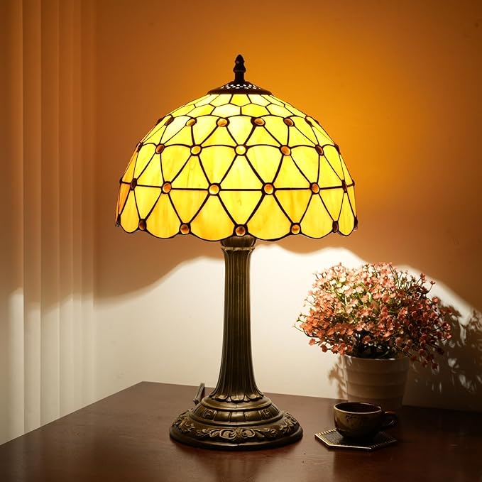 Tiffany Lamp Vintage Bead Orange Table Lamps Bedside for Bedroom Dector Stained Glass Lamps Living Room end Office Kitchen Hotel Bar Farmhouse 12 Inch Aesthetic Nightstand 70s 80s Reading Desk Light - Bloomnest