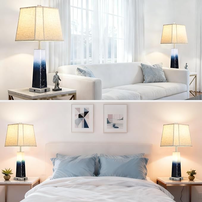 Coastal Blue Glass Table Lamp with Night Light & USB C+A Ports - 28" Extra Large Bedroom Lamp with Integrated Fabric Lampshade for Living Room Nightstand, Bulb Included, 1Pack - Bloomnest