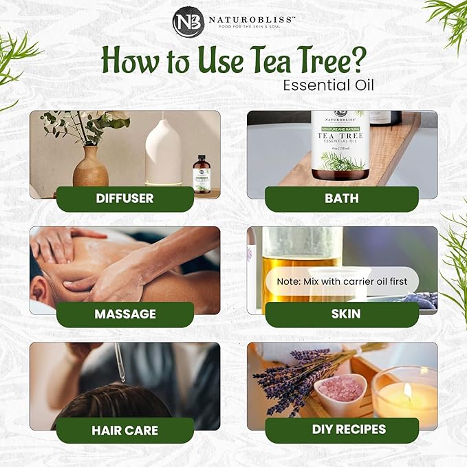 NaturoBliss Essential Oil with Glass Dropper - 100% Pure and Natural - Essential Oils for Diffuser, Aromatherapy, Soap and Candle Making, Tea Tree Essential Oil, Tea Tree Oil, 4 Fl Oz - Bloomnest