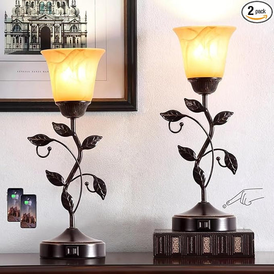 RORIANO Set of 2 Touch Vintage Table Lamps with 2 USB Ports, 3-Way Dimmable Nightstand Flower Lamps, Amber Glass Shade Rustic Leaf Lamp for Living Room Bedroom, LED Bulb Included (Bronze) - Bloomnest