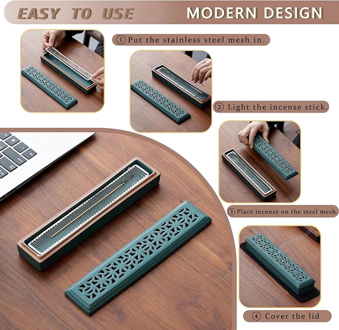 CEREMONY Incense Holder,Ceramic Incense Holder for Sticks with Ash Catcher,Coffin Style Incense Box,Incense Burner for Meditation Yoga Spa Room Decor(Green)