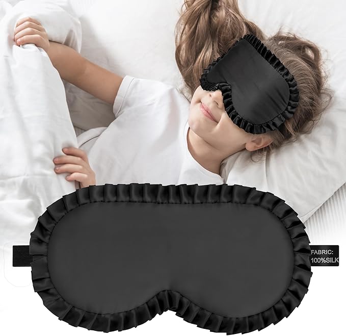 Kids Sleep Mask Eye Cover, 100% Real Mulberry Silk Sleep Mask with Adjustable Strap, Kids Blindfold for Sleeping, Boys Girls Eye Shade for Ages 5+, Soft and No Pressure (Black) - Bloomnest