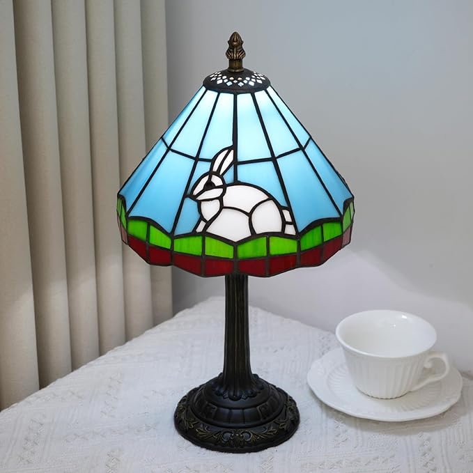 Tiffany lamp 8 inch small stained glass lamp fairy tale white rabbit bedside lamp suitable for bedroom dormitory dining room living room Tiffany style retro home decoration handmade children's gift - Bloomnest