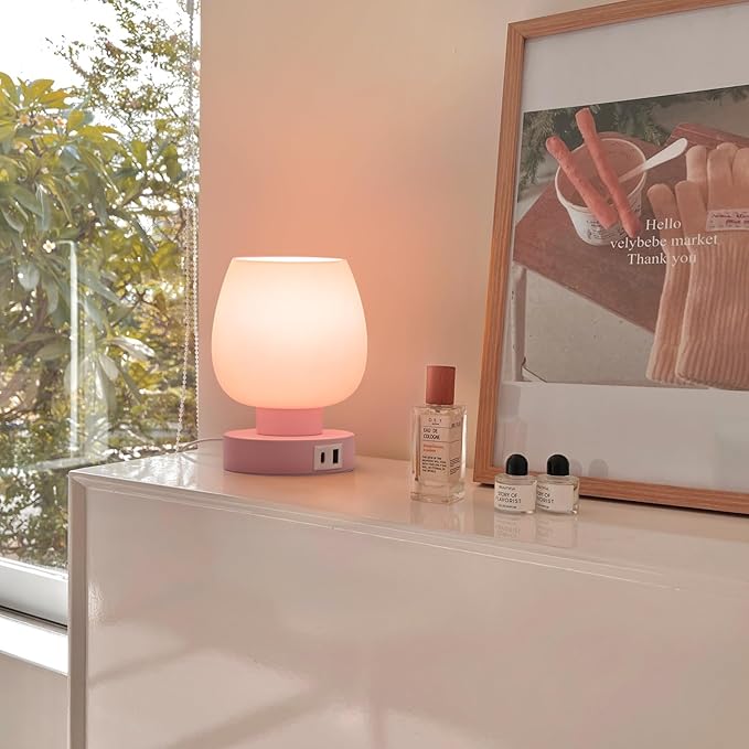 Touch Bedside Table Lamp - Pink Small Lamp for Bedroom with USB C+A Charging Ports 3 Way Dimmable, Nightstand Desk lamp with Glass Lamp Shade Warm LED Bulb Included, Simple Design Christmas - Bloomnest