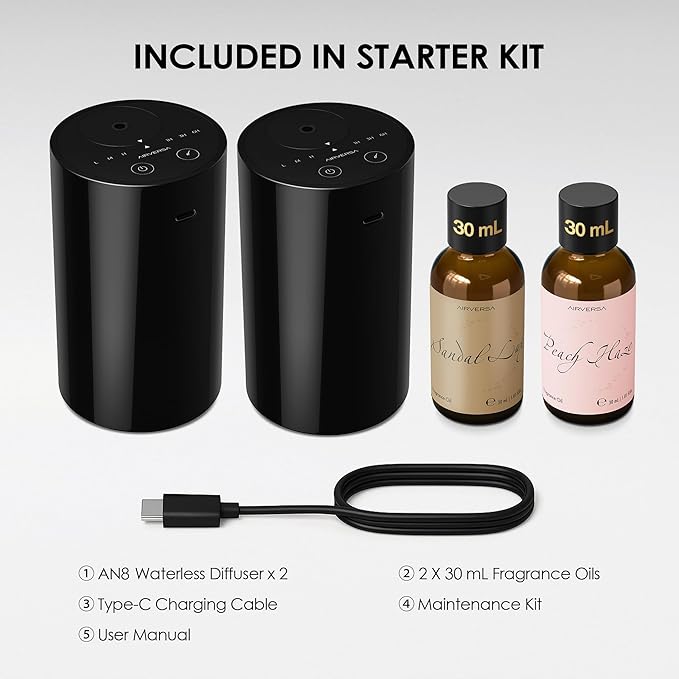 Airversa Waterless Essential Oil Diffuser Starter Kit with 2 x 30mL Fragrance Oil, Battery Operated Mini Scent Air Machine Portable Diffuser for Home Car Office Room, Black AN8 2Packs Kit - Bloomnest