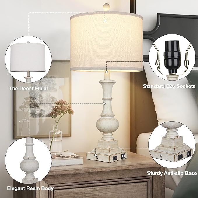 26" Farmhouse Table Lamps Set of 2, Rustic Touch Control Bedside Lamps with 2 USB Ports & AC Outlet, Vintage White Resin 3-Way Dimmable Nightstand Lamp Linen Fabric Shade for Living Room Bedroom Decor - Bloomnest