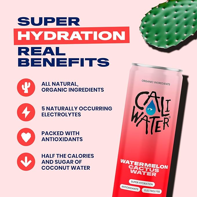 Caliwater - Organic Cactus Water - Watermelon - 5g Sugar, 35 Calories - Half Sugar of Coconut Water - Natural Plant Based Hydration - Skin Care, Electrolyte Drinks - Flavored Water Beverages - 12 Cans - Bloomnest