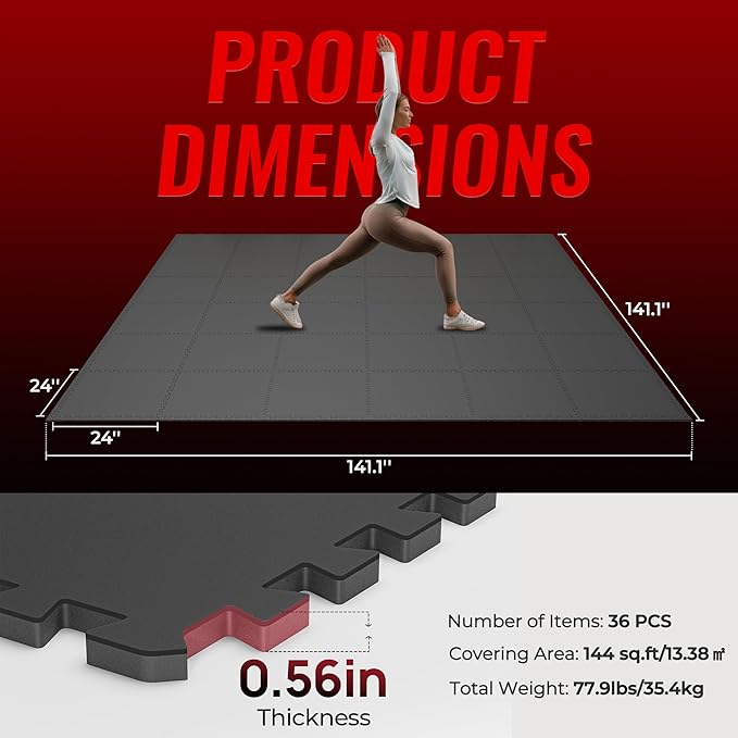 SUPERJARE 0.56'' Thick 36 Pcs 144 Sq Ft Rubber Top Exercise Equipment Mats, High Density EVA Foam Mats with Rubber Top, Interlocking Gym Flooring for Home Gym, Protective Workout Mat, Black - Bloomnest