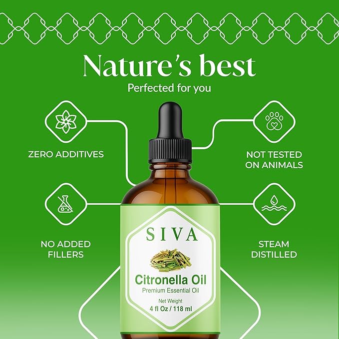 Siva Citronella Essential Oil - 4 Fl Oz – 100% Natural Citronella Oil - for Diffuser, Face, Skin Care, Aromatherapy, Hair Care, Scalp and Body Massage - with Dropper - Bloomnest