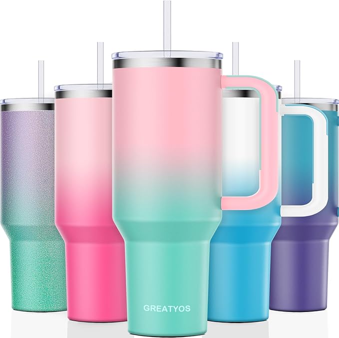 Stainless Steel 40 oz Tumbler with Handle, Insulated Travel Mug, Leak-Proof Lid, Vacuum Cup for Men & Women - Bubble Gum - Bloomnest