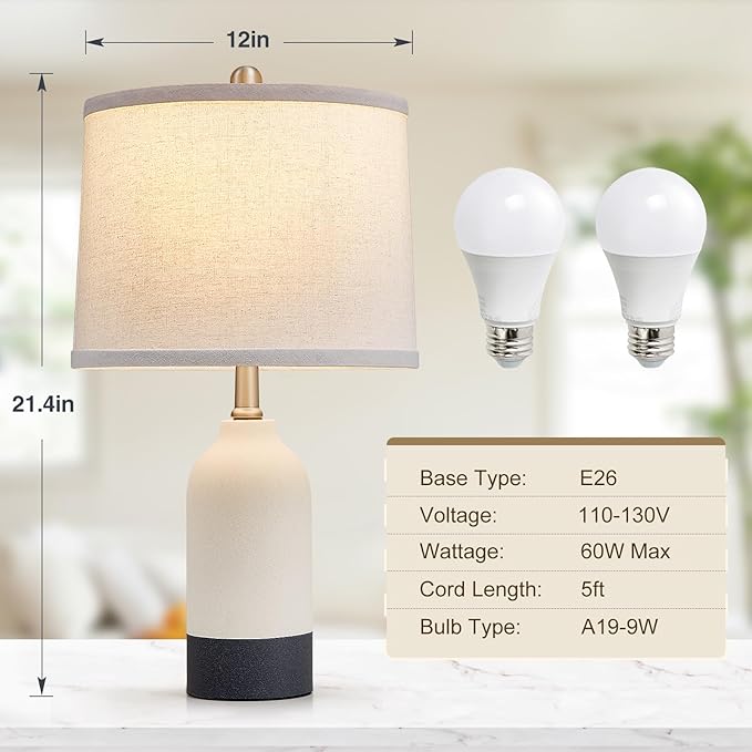Luvkczc Modern Ceramic Lamps for Bedrooms Set of 2, 3-Color Temperature Table Lamp Bedside Nightstand Desk Reading Lamp with Fabric Drum Shade for Bedroom, Living Room, 2 Bulbs Included (21.4") - Bloomnest