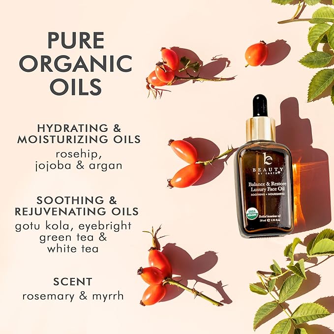 USDA Organic Face Oil - USA Made with Natural Ingredients, Anti Aging Formula for Acne-Prone & Oily Skin, Facial Oil with Vitamin E, Rosehip, Argan & Jojoba Oils for Sensitive Skin, Eczema & Rosacea - Bloomnest