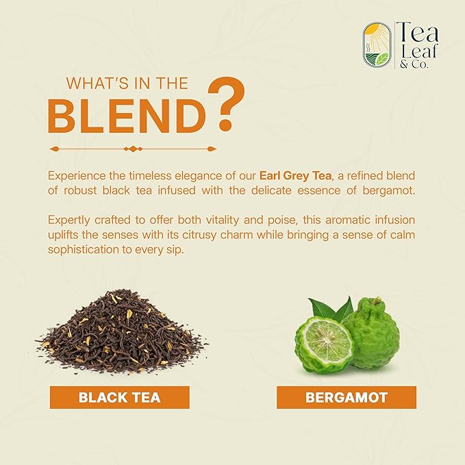 Tealeaf & Co. Earl Grey Black Tea Blended with Bergamot Extract (Loose Leaf Form) - Premium Sweet & Sour Flavored Tea - Contains Low Caffeine - Upto 50 Servings (3.52oz/100gm) - Bloomnest