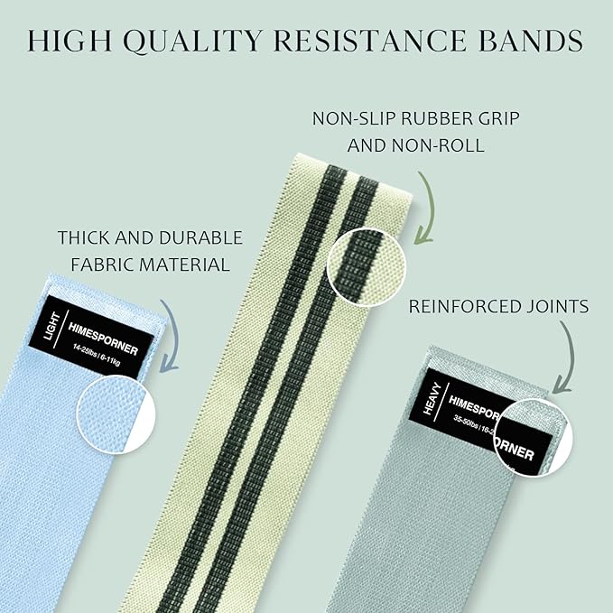 Wide Fabric Resistance Bands for Working Out, 3 Level Non-Slip Exercise Booty Bands for Women & Men Leg and Glutes with Hair Ties and Tape Measure - for Home Gym Workout, Yoga, Pilates - Bloomnest