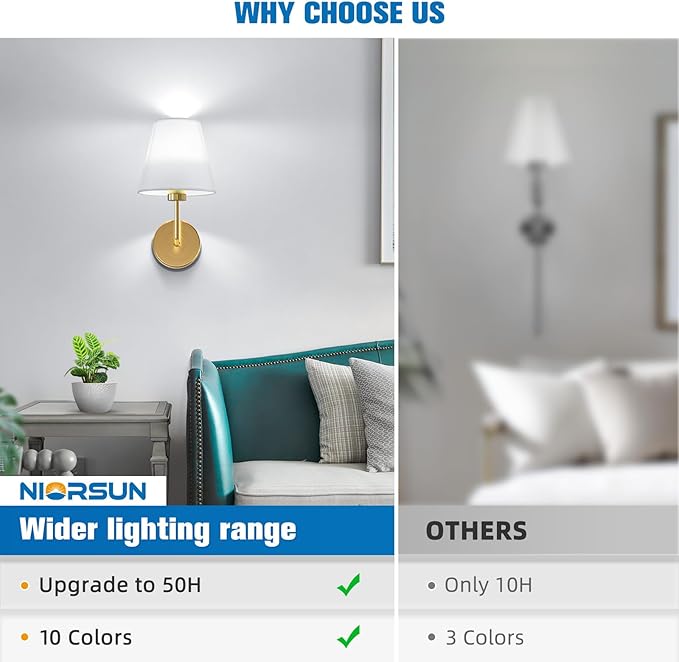 NIORSUN 13.8 inch Battery Operated Wall Sconce Set of 2,Gold Rechargeable Wall Lights with 5200mAh Dimmable Detachable Bulbs and Remote,9 Colors Wireless Sconces for Bedroom Living Room Hallway - Bloomnest
