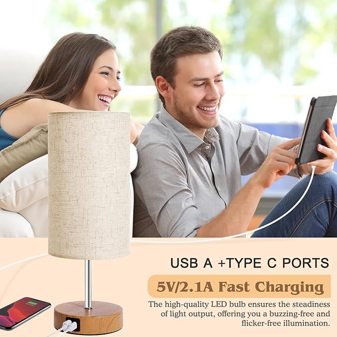 Bedside Table Lamp for Bedroom - 4 Way Dimmable Touch With USB and Type-C Charge Port, Small Wood Base Round Flaxen Fabric Shade for Living Room (Yellow Color Base) - Bloomnest