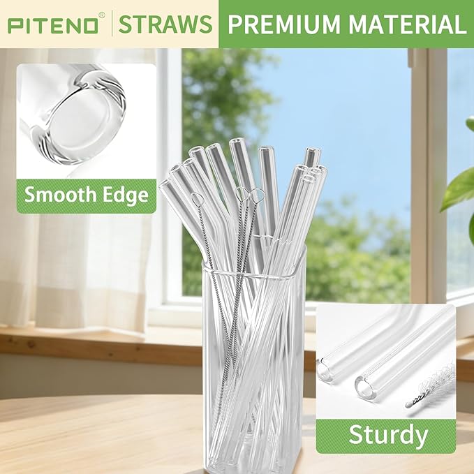 Piteno® 16-Pack Reusable Glass Straws Set, Clear Glass Drinking Straws, 8.5''x10MM, Set of 6 Straight and 6 Bent with 4 Cleaning Brushes, Perfect for Smoothies, Milkshakes, Juice, Tea Piteno