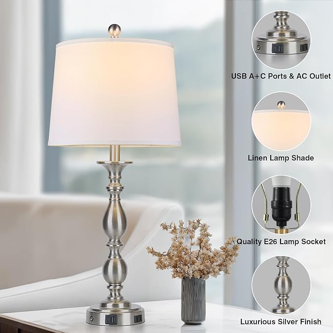 28" Tall Modern Table Lamps Set of 2 with USB A+C Ports and AC Outlet, 3 Way Touch Metal Bedside Lamps for Bedroom, Silver Farmhouse Nightstand Lamps for Living Room - Bloomnest