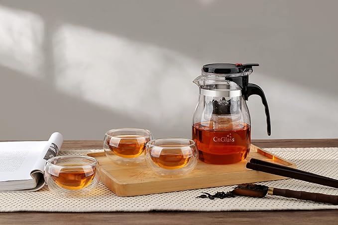CNGLASS Glass Teapot with Removable Infuser,25oz Clear Tea Kettle with One Button Press to Filter the Tea Soup,Loose Leaf and Blooming Tea Maker - Bloomnest