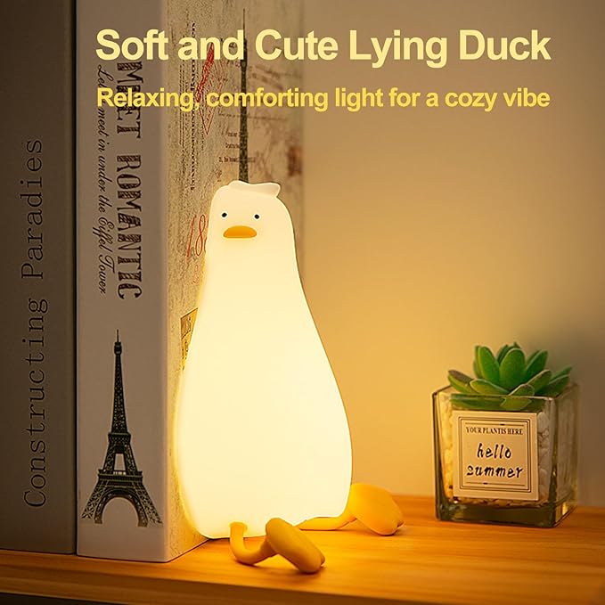 Kibbidea Cute Duck Night Light, Lazy Duck Squishy Lamp Touch Control, Non-Toxic Silicone, Funny Bedside Animal Nightlight with Timer & Rechargeable for Kids Room Desk Decor, Gifts for Girl,Boy,Women - Bloomnest