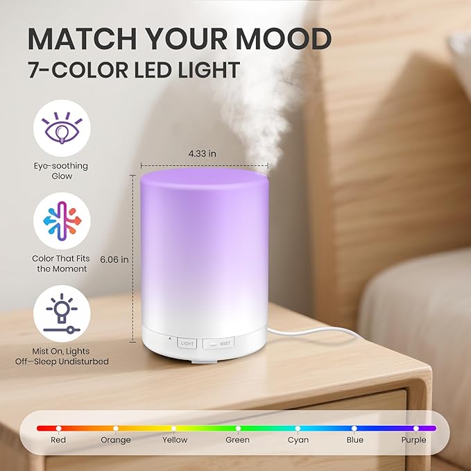 URPOWER 300ml Essential Oil Diffuser: Ultrasonic Aromatherapy Diffuser Quiet Auto Shut-Off, 4 Timer Settings(1H 3H 6H ON) & 7-Color Night Light Humidifier for Yoga Bedroom Living Room Office - Bloomnest