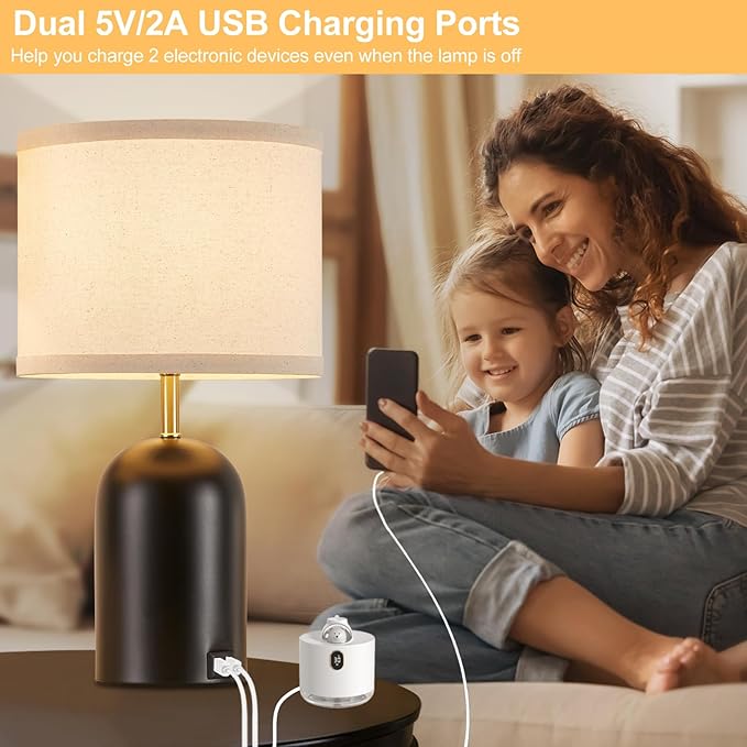 Touch Control Table Lamps Set of 2, Modern Bedside Lamp with 2 USB Ports, 3-Way Dimmable Gold and Black Nightstand Lamp with Fabric Shade for Living Room Bedroom Office Dorm(LED Bulbs Included) - Bloomnest