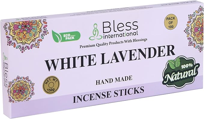 Bless-White-Lavender 100%-Natural-Handmade-Hand-Dipped-Incense Organic-Chemicals-Charcoal-Free Purification-Relaxation-Positivity-Yoga-Meditation Best-Woods-Scent (100 Sticks(5.25 OZ)) BlessInternational