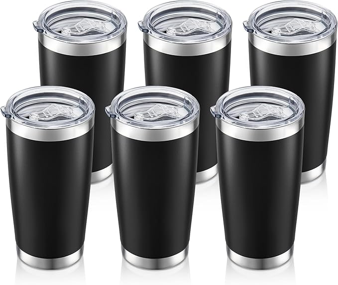 20 oz Tumbler Bulk with Lid Stainless Steel Insulated Tumblers Double Wall Vacuum Coffee Mug Powder Coated Tumbler Cups for Cold and Hot Drinks, Black, 6 pack