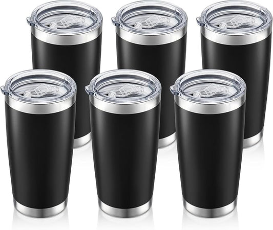 20 oz Tumbler Bulk with Lid Stainless Steel Insulated Tumblers Double Wall Vacuum Coffee Mug Powder Coated Tumbler Cups for Cold and Hot Drinks, Black, 6 pack