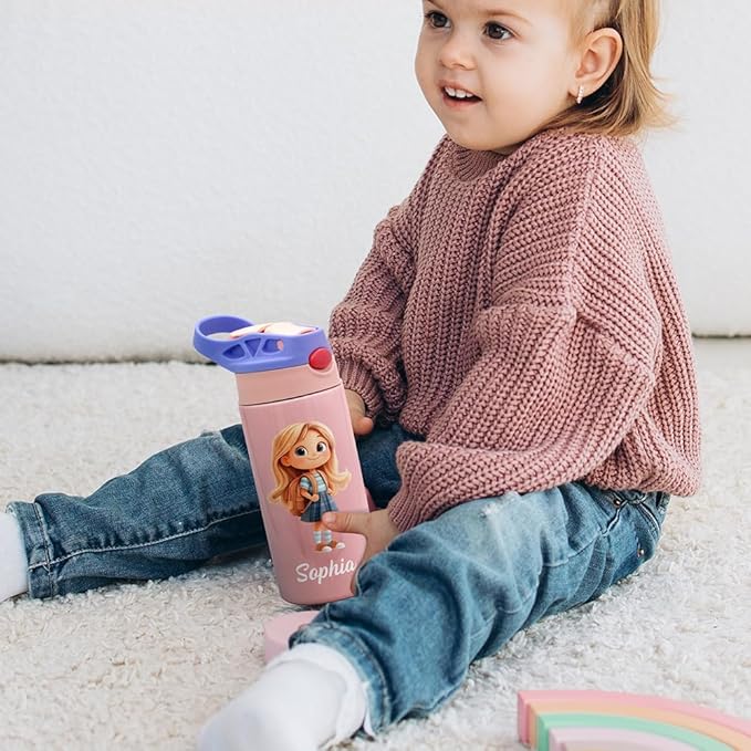 callie Personalized Insulated Kids Water Bottle with Cartoon Character, Custom 12 oz Leak Proof Lid Stainless Steel Cups with Straw, Gifts for Boys Girls - Bloomnest