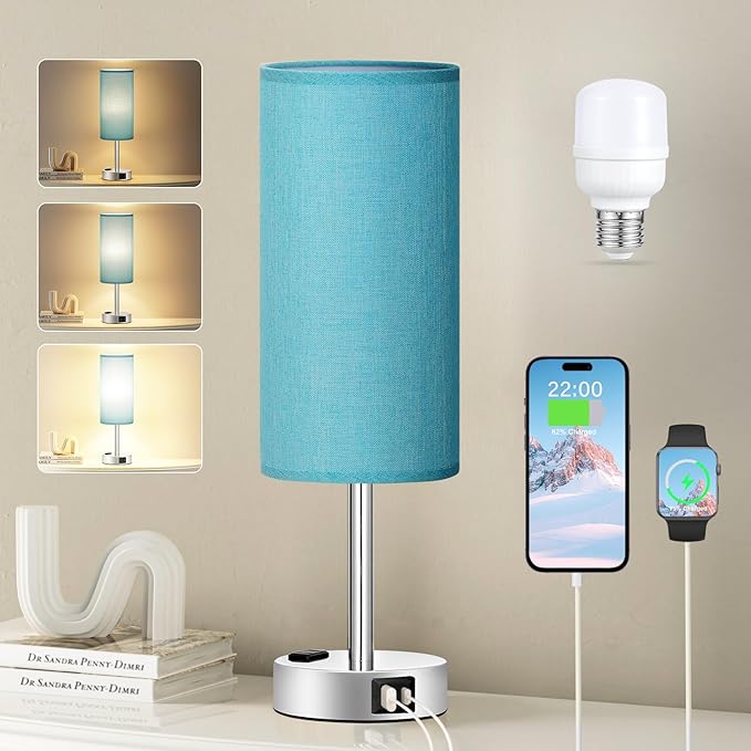 Fenmzee Turquoise Nightstand Table Lamp for Bedroom - 3 Way Dimmable Touch Lamp USB A and C Charging Ports and AC Outlet, Small Lamp for Office Desk with Metal Base, LED Bulb Included - Bloomnest