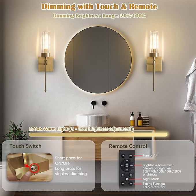 Battery Operated Wall Sconces Set of Two with Remote, Gold Rechargeable Wireless Wall Lights, Sconces Wall Decor Set of 2 Dimmable 2700K Battery Powered Sconce for Bathroom Living Room Hallway - Bloomnest