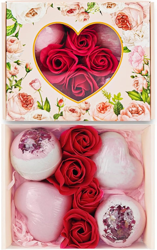 Valentines Bath Bombs Shower Steamers: Handmade Natural Bath Balls with Surprise for Women Gift Set - Relaxing Bubble Bathbombs Scented Rose Hearts Flower Romantic Birthday for Girls Kids Mom - Bloomnest