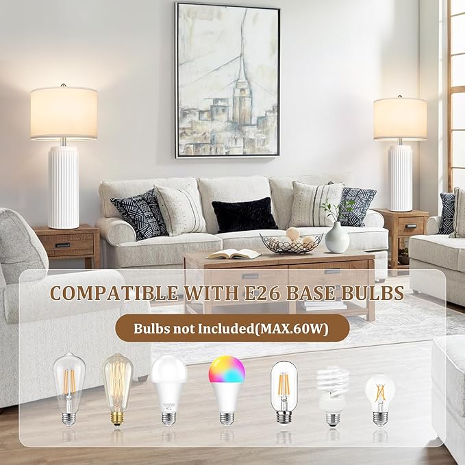 TOBUSA 28’’ Modern White Ceramic Lamps Set of 2 for Living Room, Vintage Nightstand Lamps for Bedroom, Farmhouse Bedside Lamps with Linen Shade, Elegant Decor Lamp Sets for Home Office - Bloomnest