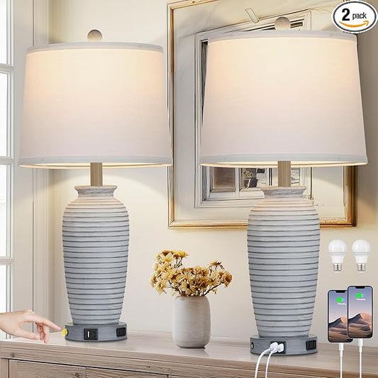 25" Farmhouse Jar Table Lamps Set of 2, 3 Way Touch Control Rustic Bedside Lamps with USB A+C Ports & AC Outlet, Pot Nightstand Lamps for Bedroom Living Room (LED Bulbs Included) - Bloomnest