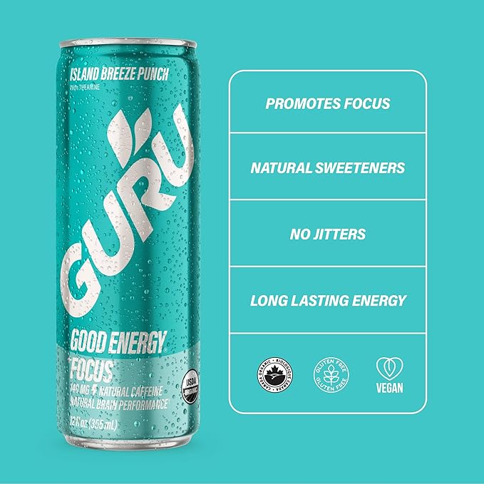 GURU Island Breeze Punch Organic Energy Drinks, Clean Energy Drink with Plant Based Natural Caffeine from Green Tea + Focus with L Theanine, Gluten Free and Vegan, 140MG Caffeine, 12oz (Pack of 24) - Bloomnest