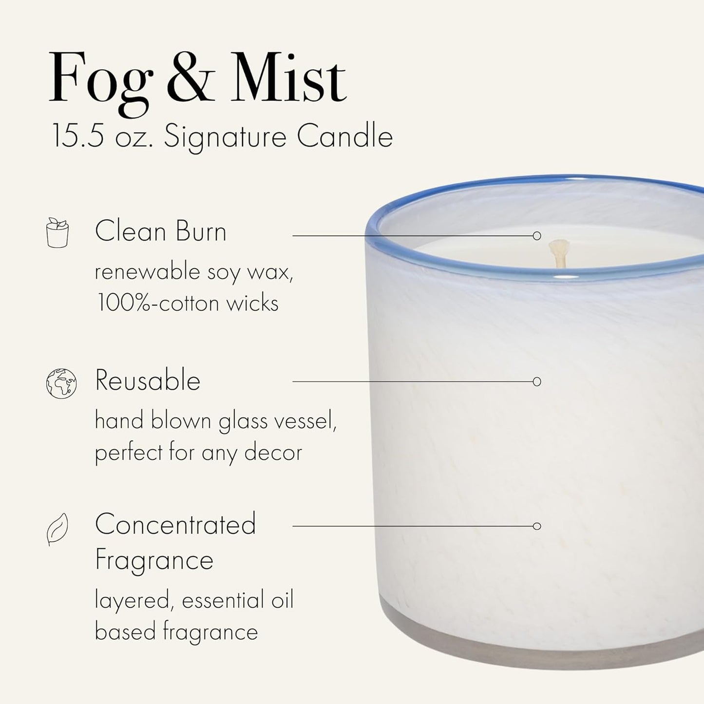 LAFCO New York Signature Candle, Fog & Mist - 15.5 oz - 90-Hour Burn Time - Reusable, Hand Blown Glass Vessel - Made in the USA