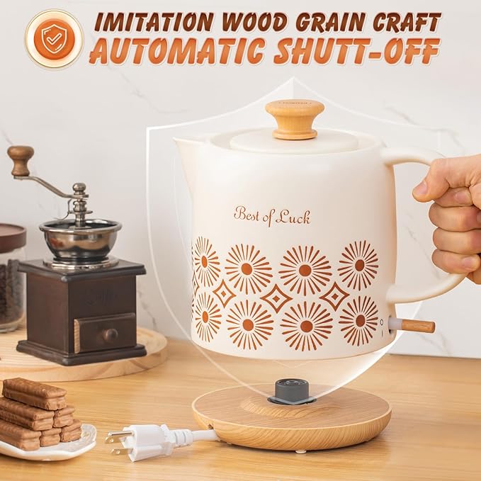 Ceramic Electric Kettle 1 Quarts, Automatic Shut Off, Porcelain Teapot, Hot Water Electric Boiler with LED Light, Boil Dry Protection, Short Spout 1000W Rapid Boiling Water for Tea Coffee - Bloomnest