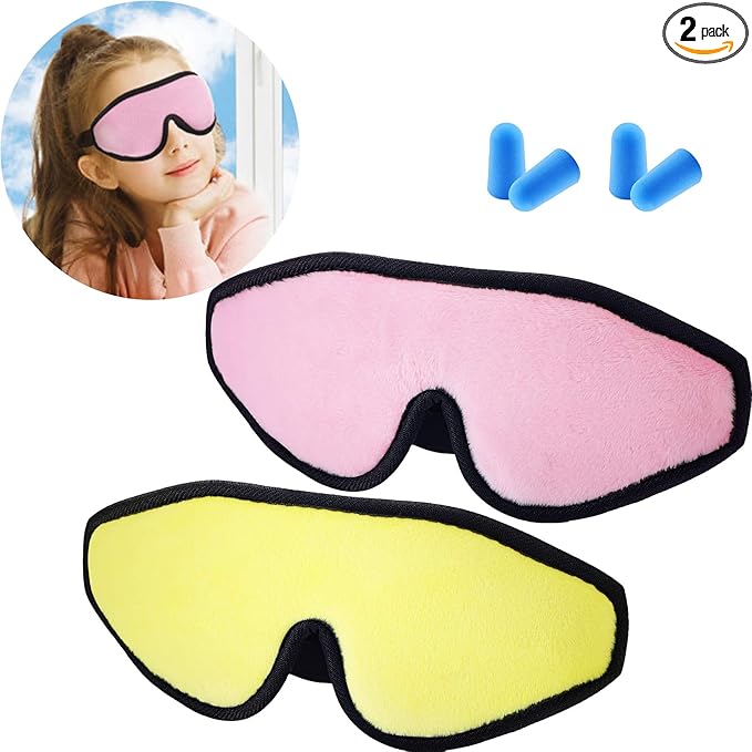2 Pieces 3D Sleep Mask for Kids Memory Foam Contoured Eye Mask, Travel Sleep Eye Cover with Adjustable Strap, 3D Blindfolds(Pink and Yellow) - Bloomnest