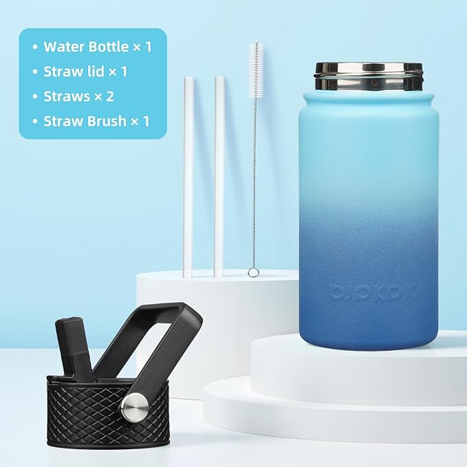 BJPKPK Insulated Water Bottle with Straw Lid, 15oz Cute Water Bottles, Stainless Steel Metal Thermo, Reusable BPA Free Leak Proof Tumblers, Cups,Sky - Bloomnest