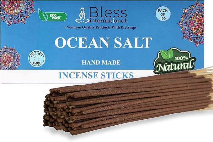 Bless-Ocean-Salt 100%-Natural-Handmade-Hand-Dipped-Incense-Sticks Organic-Chemicals-Charcoal-Free Purification-Relaxation-Positivity-Yoga-Meditation Best-Woods-Scent (100 Sticks(5.25 OZ)) BlessInternational