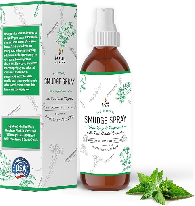 Soul Sticks Smudge Spray for Cleansing Negative Energy and Purifying Home | Made with White Sage and Quartz Crystals | 3.5 oz. Bottle (White Sage & Peppermint) SoulSticks