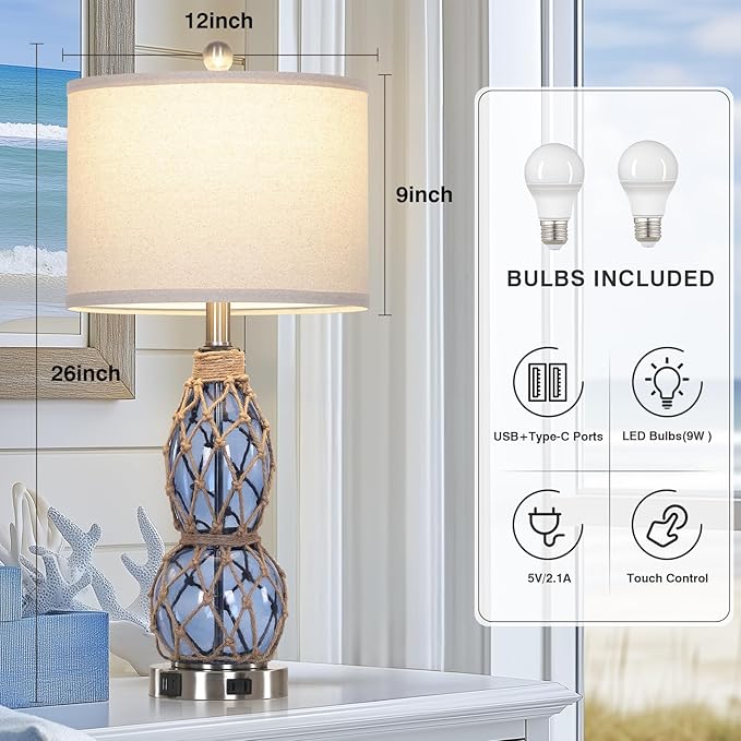 26" Coastal Glass Table Lamps Set of 2, 3-Way Dimmable Touch Lamps with USB Ports and AC Outlet, Nautical Bedside Lamps for Bedroom Living Room - Bloomnest