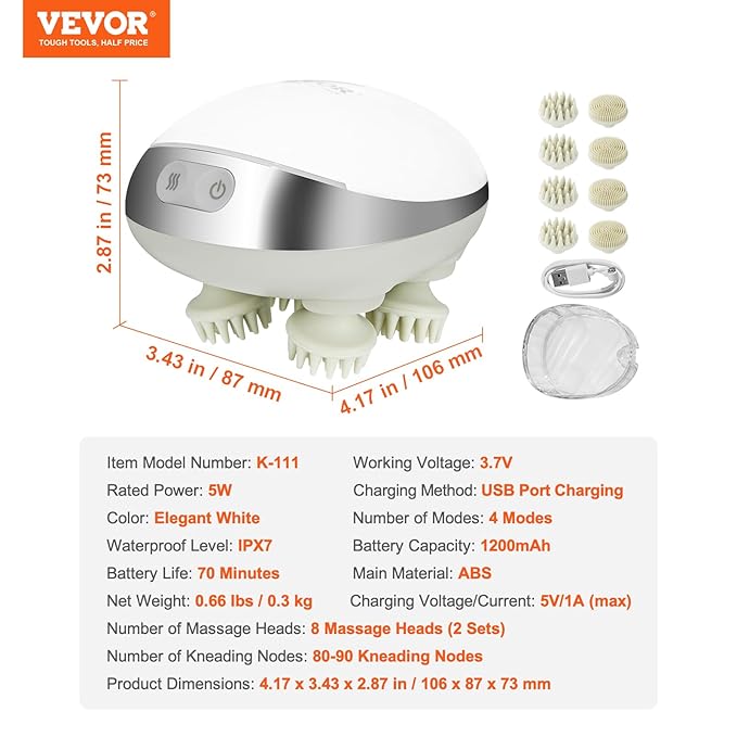 VEVOR Electric Scalp Massager with Heat, Rechargeable Heated Head Massager, IPX7 Waterproof | Portable Kneading Scalp Scratcher with 8 Removable Massage Head for Hair Growth, Deep Clean, Stress Relax VEVOR