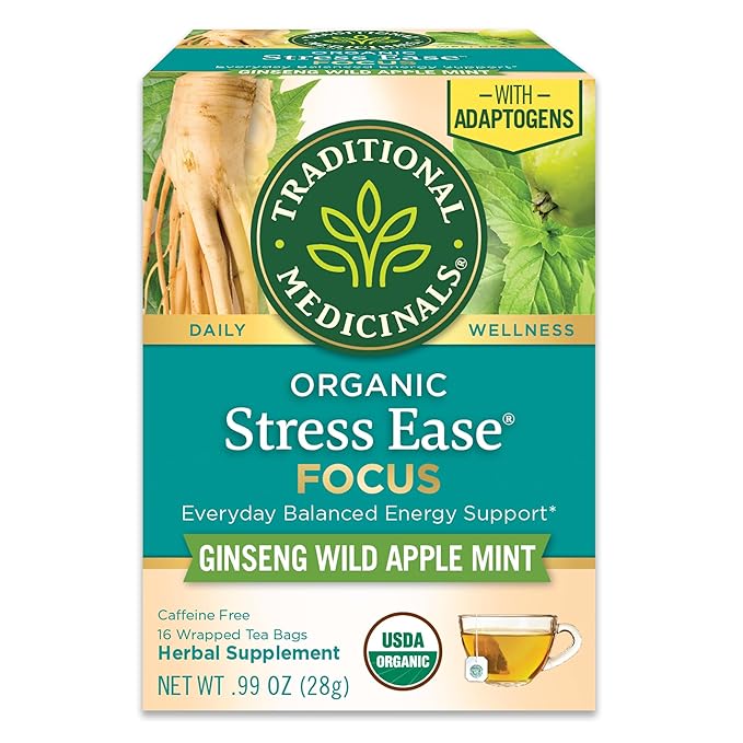 Traditional Medicinals Organic, Stress Ease Focus, Ginseng Wild Apple Mint Tea - Balanced Energy Support & Adaptogens - Kosher, Non-GMO, Caffeine-Free, Compostable - 16 Tea Bags - Bloomnest