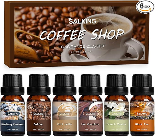 SALKING Coffee Shop Fragrance Oils Set, Premium Essential Oils Set for Diffuser, Scented Oil for Soap & Candle Making - Blueberry Pancakes, Coffee, Café Latte, Hot Chocolate, French Vanilla, Black Tea - Bloomnest
