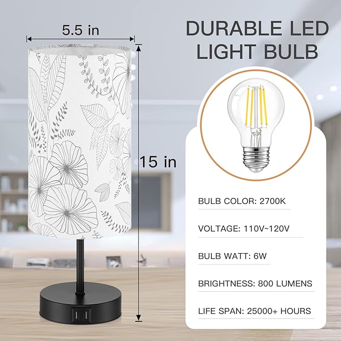 Touch Control Bedside Lamp with 2 USB Ports, 3-Way Dimmable Table lamp for Bedroom, Nightstand Lamp with Round Flower Fabric Shade for Living Room Home Office (E26 LED Bulb Included) - Bloomnest