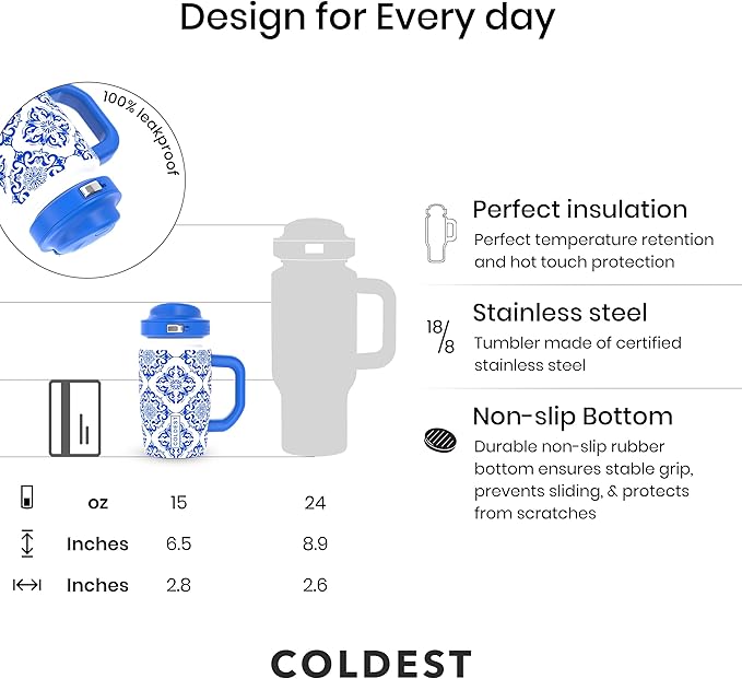Coldest Tumbler with Handle and Coffee Lid - 100% Spill Proof Tumbler with Straw (3 Lids) - Stainless Steel Insulated Leakproof Tumblers for Women & Men - Cup Holder Friendly - 15 oz (The European) - Bloomnest