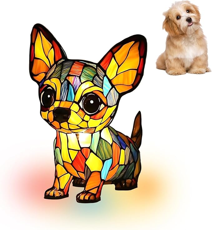 Atlodas Chihuahua Lamp, Retro Dogs Stained Resin Tabletop Night Light, Dog Series Art Night Light, Dog Lamp Stained Glass, 3D Cute Pet LED Table Lamps, Gift for Lovers (#07, 7.87) - Bloomnest