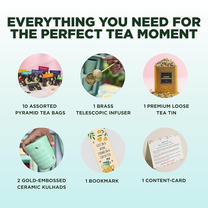CHAYAM Tea Lover's Luxury Gift Basket with Cups & Infuser | 10 Assorted Tea Bags, Ginger Lemongrass Herbal Loose Leaf 50g/1.76oz, 2 Mugs & Lead-Free Premium Brass Infuser | Self-Care Gifts for Mom and Her - Bloomnest